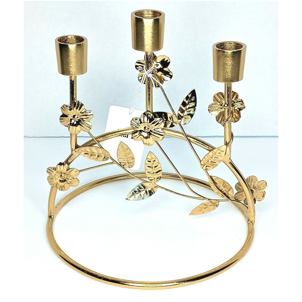 Pier 1 Taper Candle Ring Holder 3 Tier Metal 8.25" Three Arm Gold With Flowers